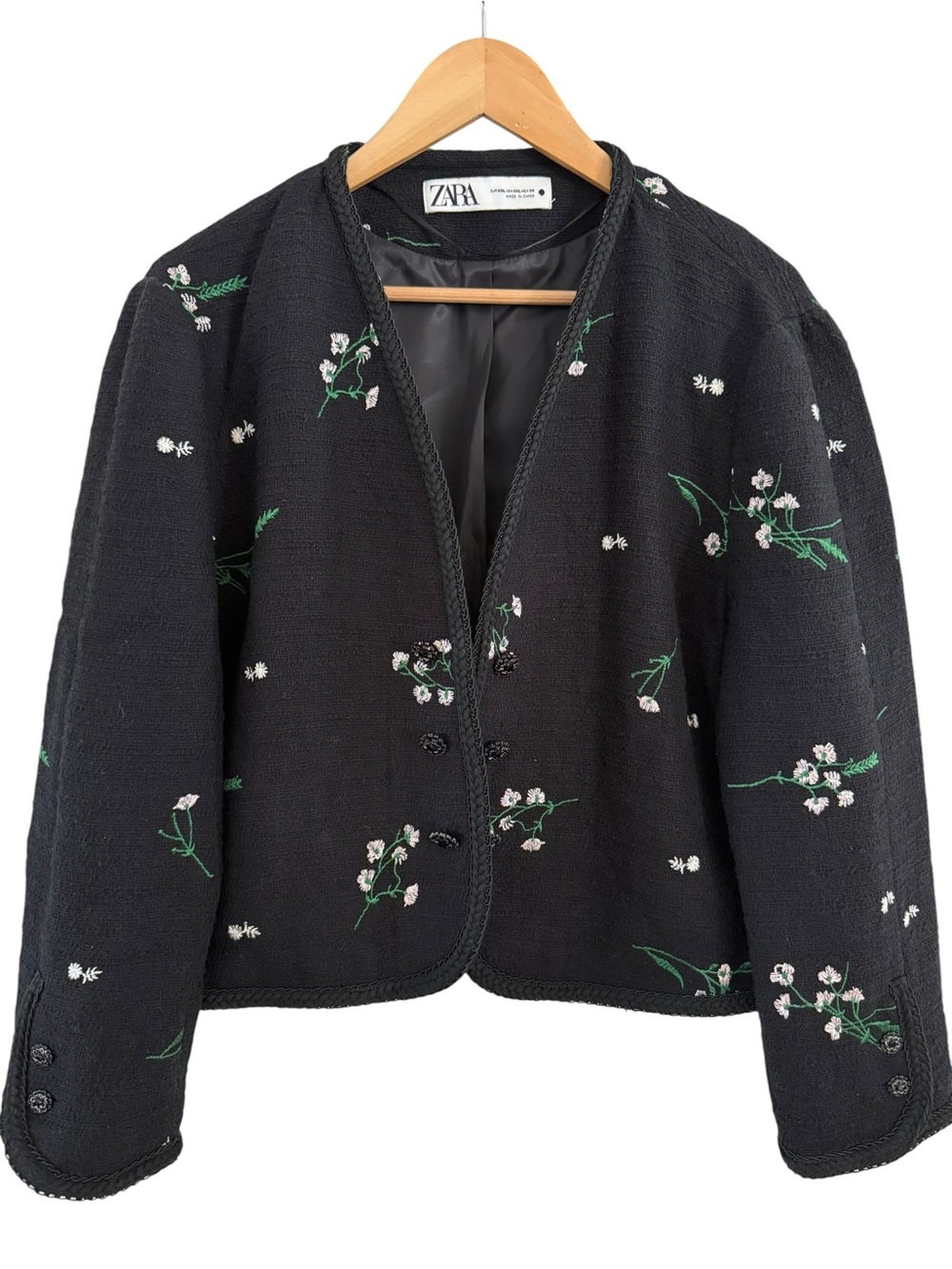 ZARA Black Floral Embroidered Textured Tweed Jacket Size XXL